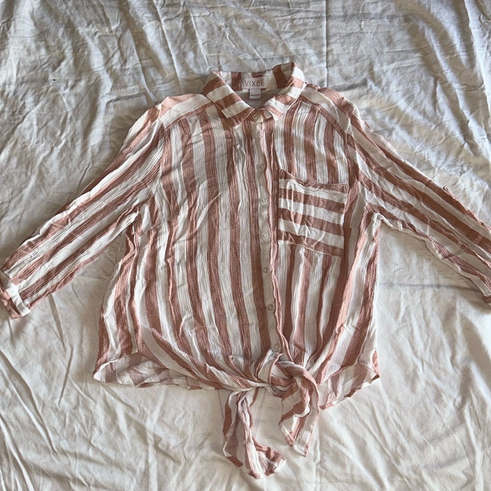 Pink / White Stripe 3/4 Sleeve Button Up Top - Vixbe - Women’s S